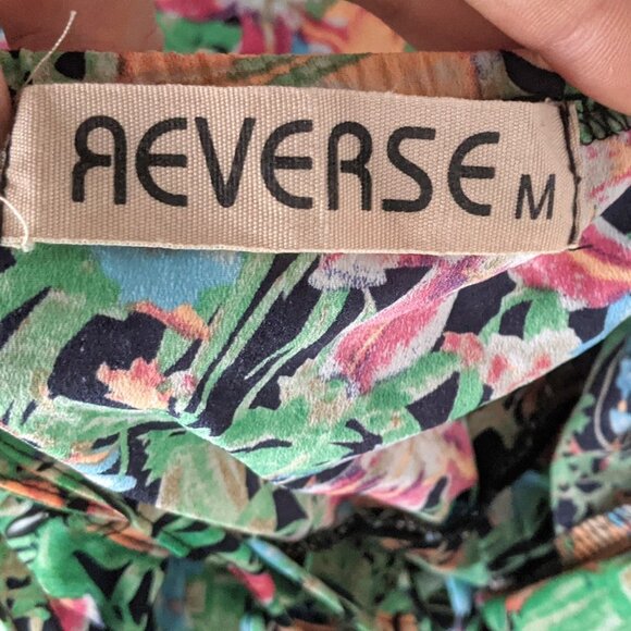 Reverse Tropical Floral Mini Dress Strappy Ruched Side Cinched Waist Black Blue - Picture 7 of 10